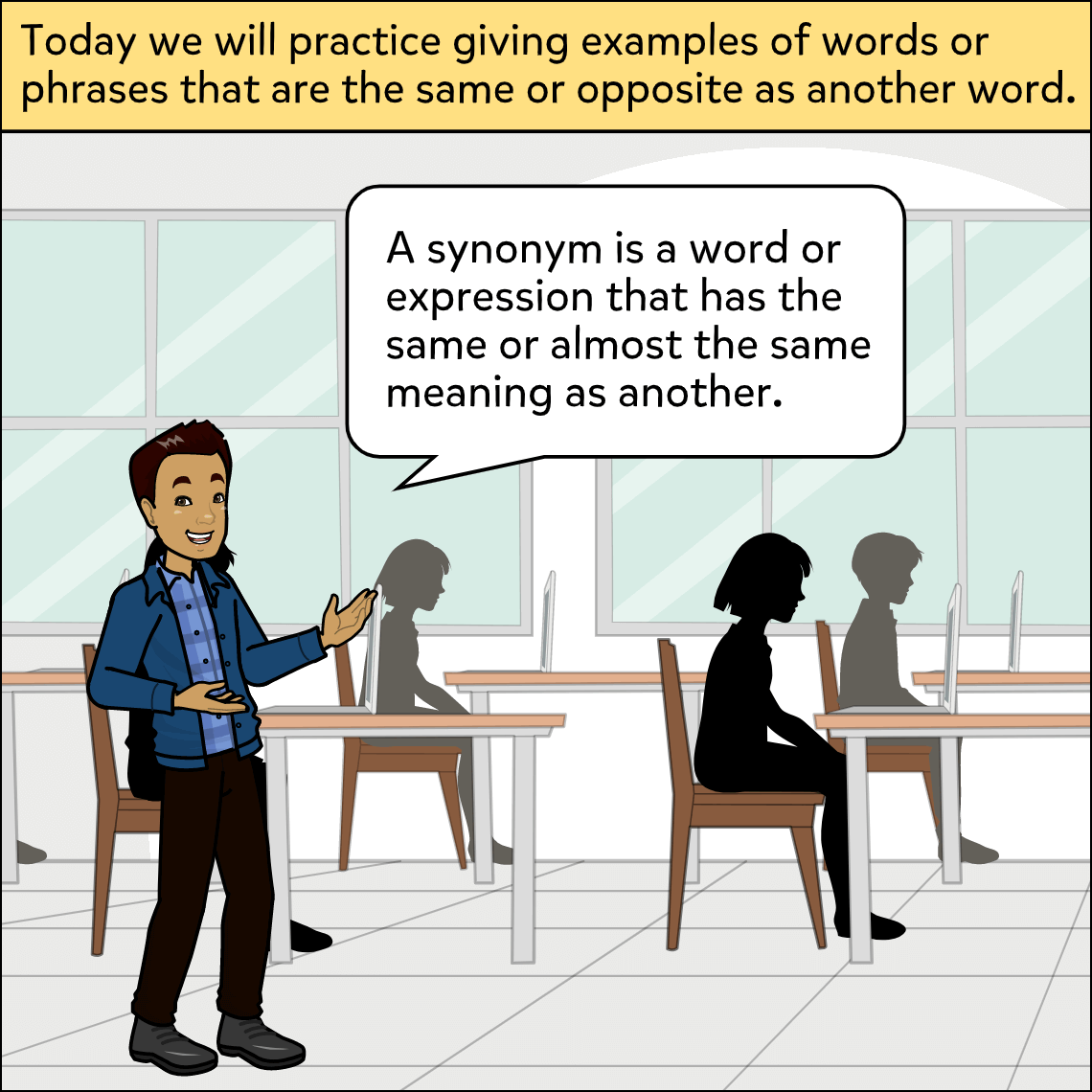 Synonyms are words with similar meanings. Synonym= Same Example